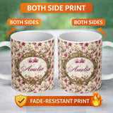 Personalized Custom Name Pink Orchid Garden Floral Pattern on Light Cream Background Lovely 11oz Ceramic Coffee Tea Mug White Large Handle