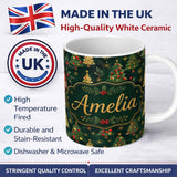 Personalized Custom Name Vintage Christmas Trees with Red Gold Ornaments and Festive Stars 11oz Ceramic Coffee Tea Mug White Large Handle