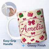 Personalized Custom Name Cute Gift Box Ribbon Bow Festive Seamless Pattern Cute Unique Gift 11oz Ceramic Coffee Tea Mug White Large Handle