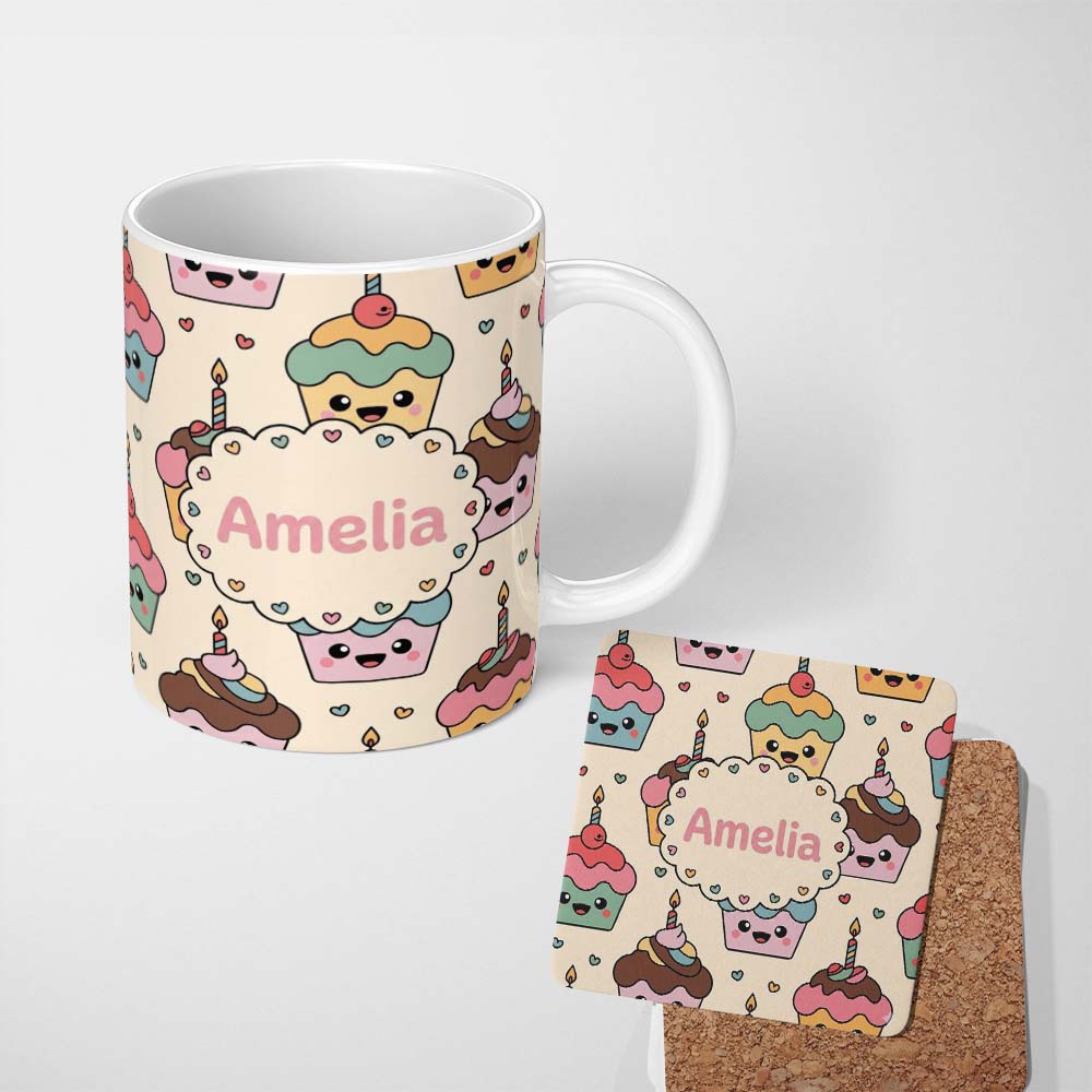 Personalized Custom Name Cute Kawaii Birthday Cupcakes Hearts Candle Sprinkles Pastel Lovely 11oz Ceramic Coffee Tea Mug White Large Handle