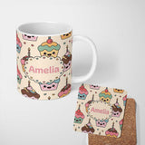 Personalized Custom Name Cute Kawaii Birthday Cupcakes Hearts Candle Sprinkles Pastel Lovely 11oz Ceramic Coffee Tea Mug White Large Handle