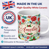 Personalized Custom Name Bright Christmas Poinsettia Candy Cane Holly Festive Seamless Lovely 11oz Ceramic Coffee Tea Mug White Large Handle