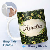 Personalized Custom Name Watercolor Avocado Leaf Pattern Perfect Gift for Her Lovely 11oz Ceramic Coffee Tea Mug White Large Handle