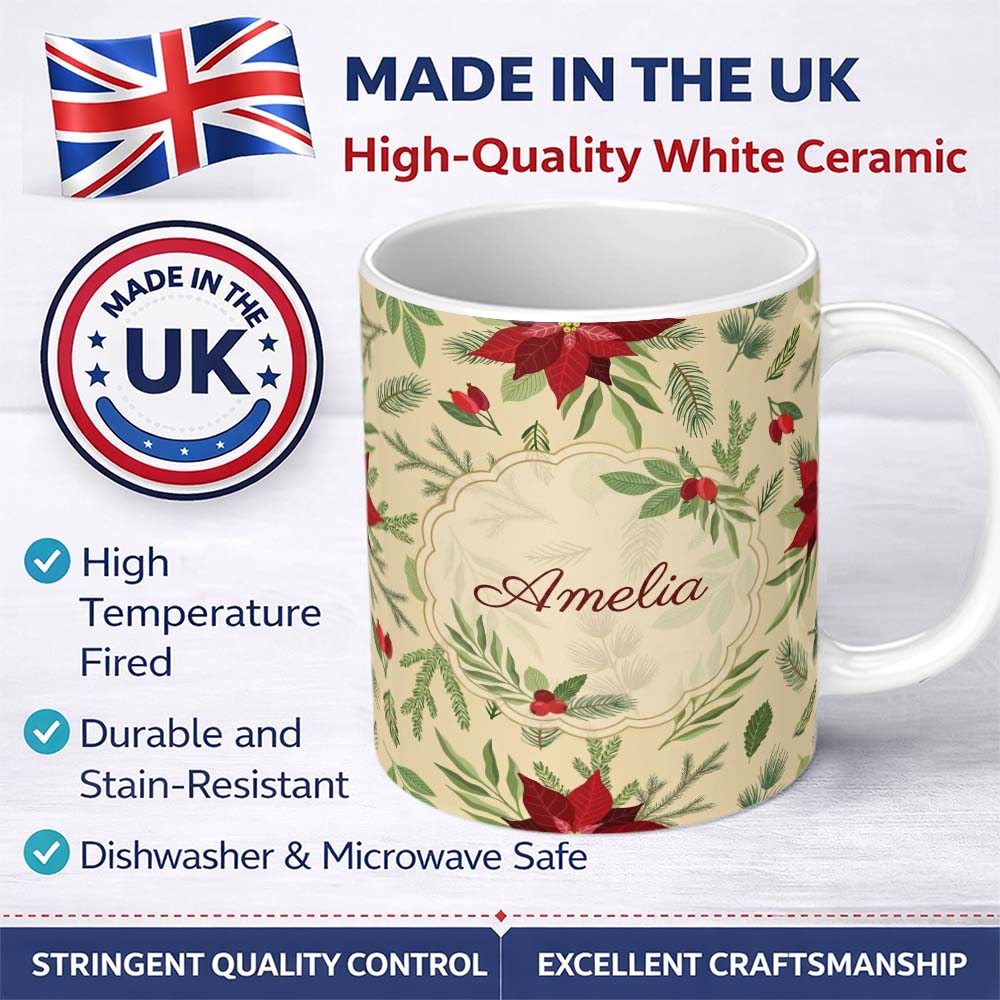 Personalized Custom Name Elegant Botanical Pine Leaves Poinsettia Flowers and Winter Greenery 11oz Ceramic Coffee Tea Mug White Large Handle