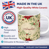 Personalized Custom Name Elegant Botanical Pine Leaves Poinsettia Flowers and Winter Greenery 11oz Ceramic Coffee Tea Mug White Large Handle
