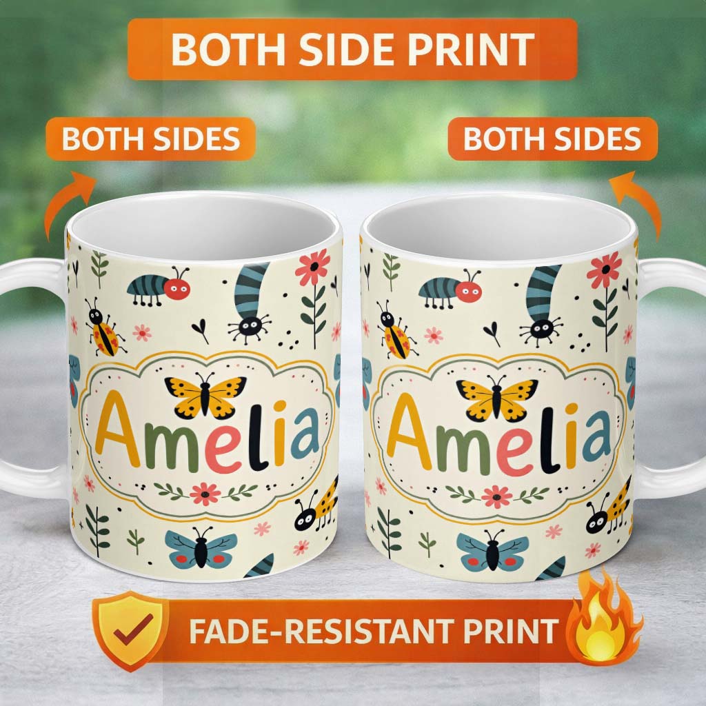 Personalized Custom Name Cute Butterflies Ladybugs Flowers Garden Insects Seamless Pattern 11oz Ceramic Coffee Tea Mug White Large Handle