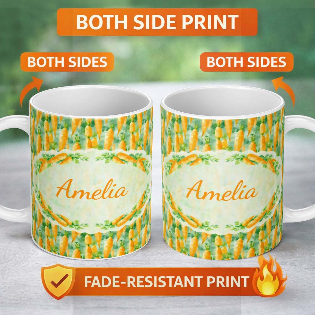 Personalized Custom Name Watercolor Carrot Brushstroke Texture Seamless Pattern Fresh Green 11oz Ceramic Coffee Tea Mug White Large Handle