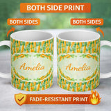 Personalized Custom Name Watercolor Carrot Brushstroke Texture Seamless Pattern Fresh Green 11oz Ceramic Coffee Tea Mug White Large Handle
