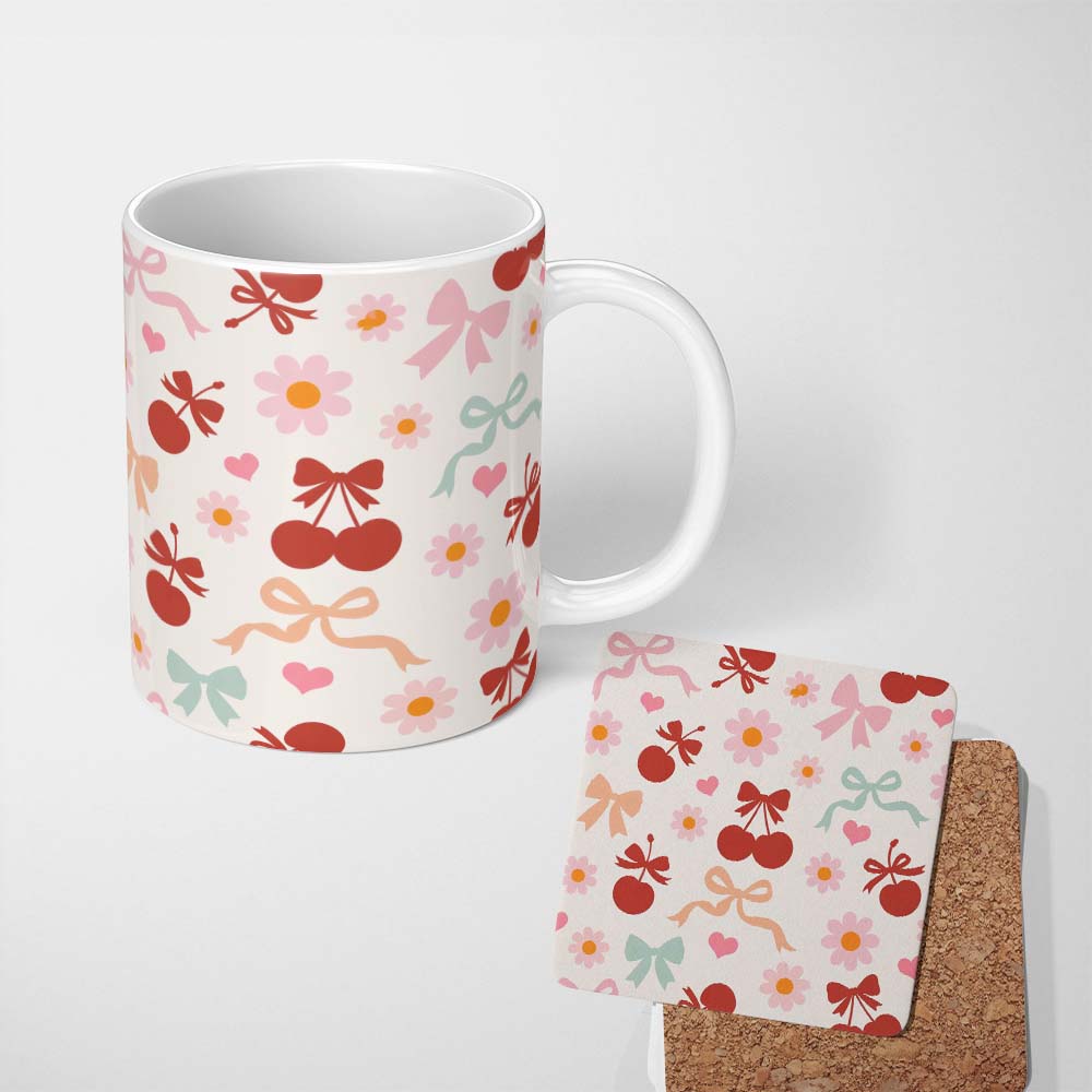 Personalized Custom Name Cute Cherry Bow Daisy Heart Seamless Pattern on Light Neutral Cream 11oz Ceramic Coffee Tea Mug White Large Handle