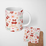 Personalized Custom Name Cute Cherry Bow Daisy Heart Seamless Pattern on Light Neutral Cream 11oz Ceramic Coffee Tea Mug White Large Handle