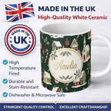 Personalized Custom Name Dark Vintage Christmas Village Houses Snowy Scene and Ornaments 11oz Ceramic Coffee Tea Mug White Large Handle