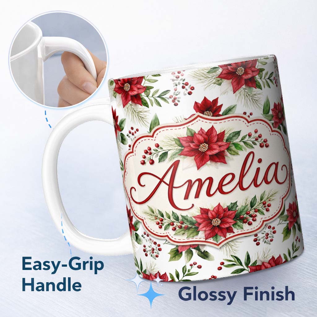 Personalized Custom Name Elegant Poinsettia Flower Berry Greenery Festive Seamless Pattern 11oz Ceramic Coffee Tea Mug White Large Handle