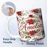 Personalized Custom Name Elegant Poinsettia Flower Berry Greenery Festive Seamless Pattern 11oz Ceramic Coffee Tea Mug White Large Handle