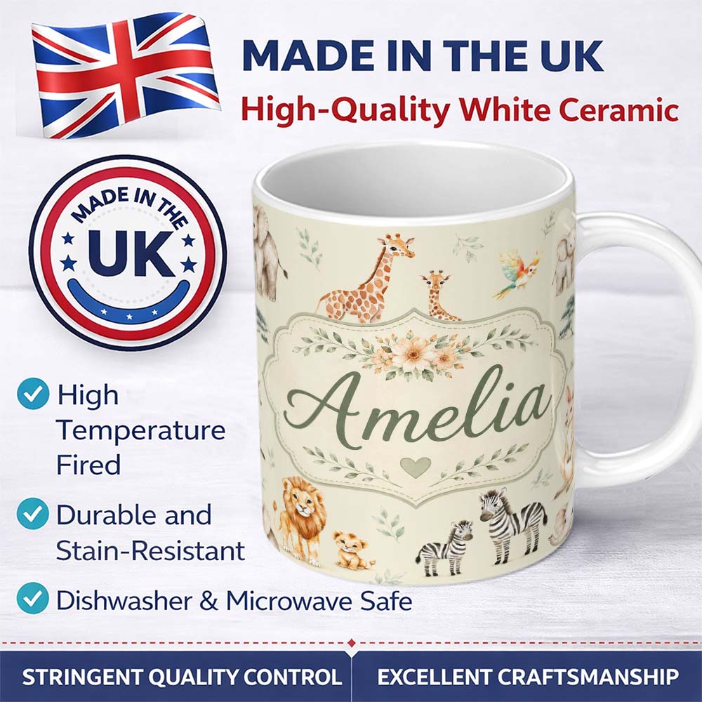 Personalized Custom Name Cute Safari Animals Lion Giraffe Zebra Elephant Pattern Beige Lovely 11oz Ceramic Coffee Tea Mug White Large Handle
