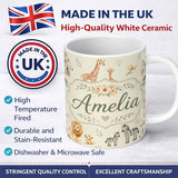 Personalized Custom Name Cute Safari Animals Lion Giraffe Zebra Elephant Pattern Beige Lovely 11oz Ceramic Coffee Tea Mug White Large Handle