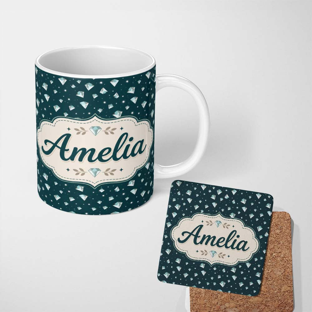 Personalized Custom Name Crystal Diamond Starry Seamless Pattern on Dark Teal Lovely 11oz Ceramic Coffee Tea Mug White Large Handle