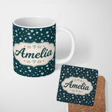 Personalized Custom Name Crystal Diamond Starry Seamless Pattern on Dark Teal Lovely 11oz Ceramic Coffee Tea Mug White Large Handle