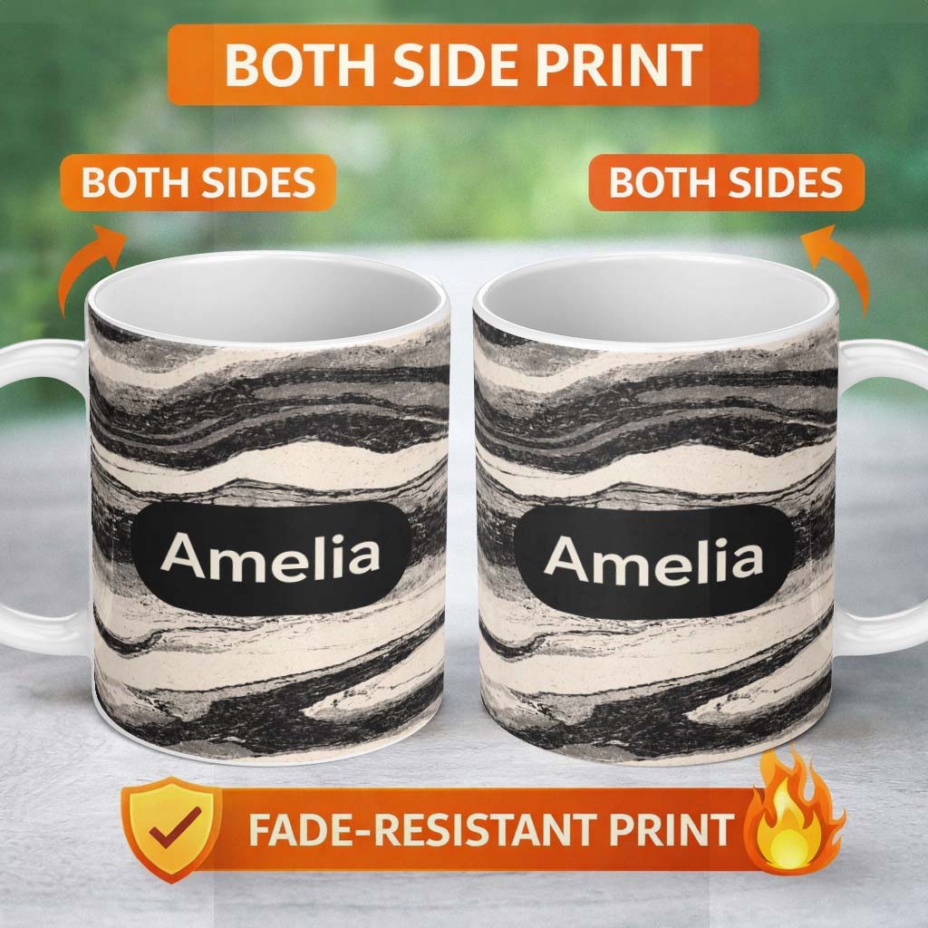 Personalized Custom Name Fine Line Topography Black Cream Abstract Contour Pattern Lovely 11oz Ceramic Coffee Tea Mug White Large Handle