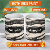 Personalized Custom Name Fine Line Topography Black Cream Abstract Contour Pattern Lovely 11oz Ceramic Coffee Tea Mug White Large Handle