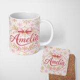 Personalized Custom Name Elegant Gold Snowflake Pink Winter Festive Seamless Pattern Lovely 11oz Ceramic Coffee Tea Mug White Large Handle