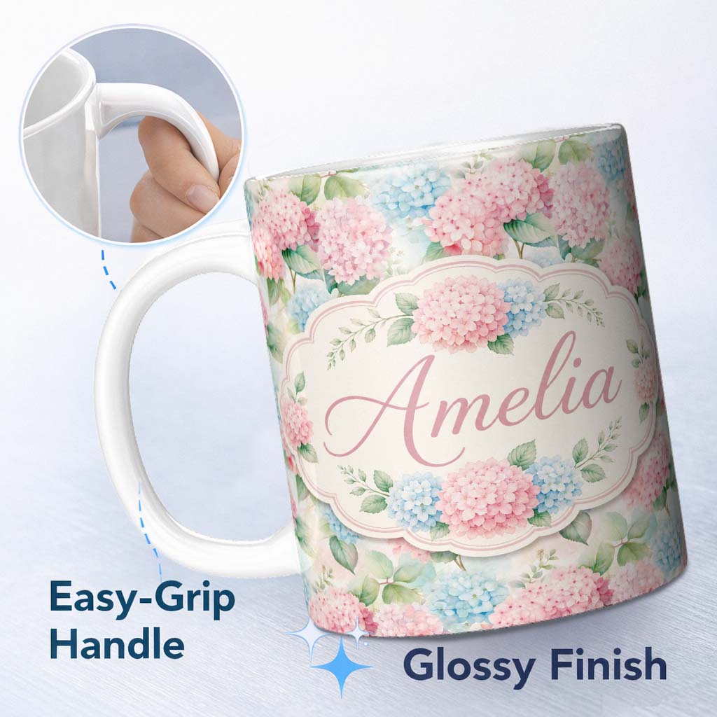 Personalized Custom Name Delicate Pastel Pink and Blue Hydrangea Floral Seamless Pattern 11oz Ceramic Coffee Tea Mug White Large Handle