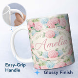 Personalized Custom Name Delicate Pastel Pink and Blue Hydrangea Floral Seamless Pattern 11oz Ceramic Coffee Tea Mug White Large Handle