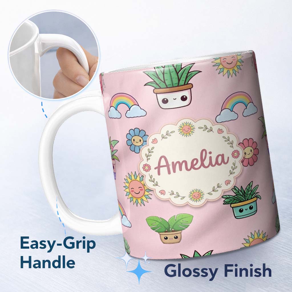 Personalized Custom Name Cute Kawaii Rainbow Sun Flowers Plant Pots Seamless Pattern Pink 11oz Ceramic Coffee Tea Mug White Large Handle