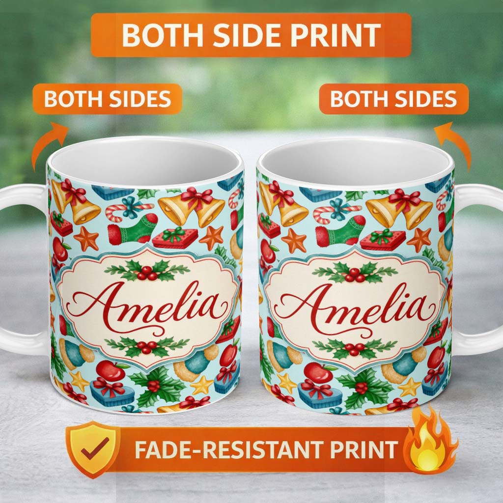 Personalized Custom Name Bright Christmas Gift Bell Apple Festive Seamless Pattern Lovely 11oz Ceramic Coffee Tea Mug White Large Handle