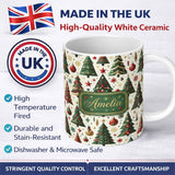 Personalized Custom Name Classic Christmas Tree Ornaments and Festive Decor Seamless Pattern 11oz Ceramic Coffee Tea Mug White Large Handle