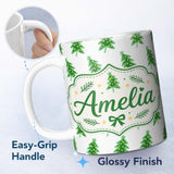 Personalized Custom Name Minimal Christmas Trees with Yellow Lights Simple Cute Seamless 11oz Ceramic Coffee Tea Mug White Large Handle