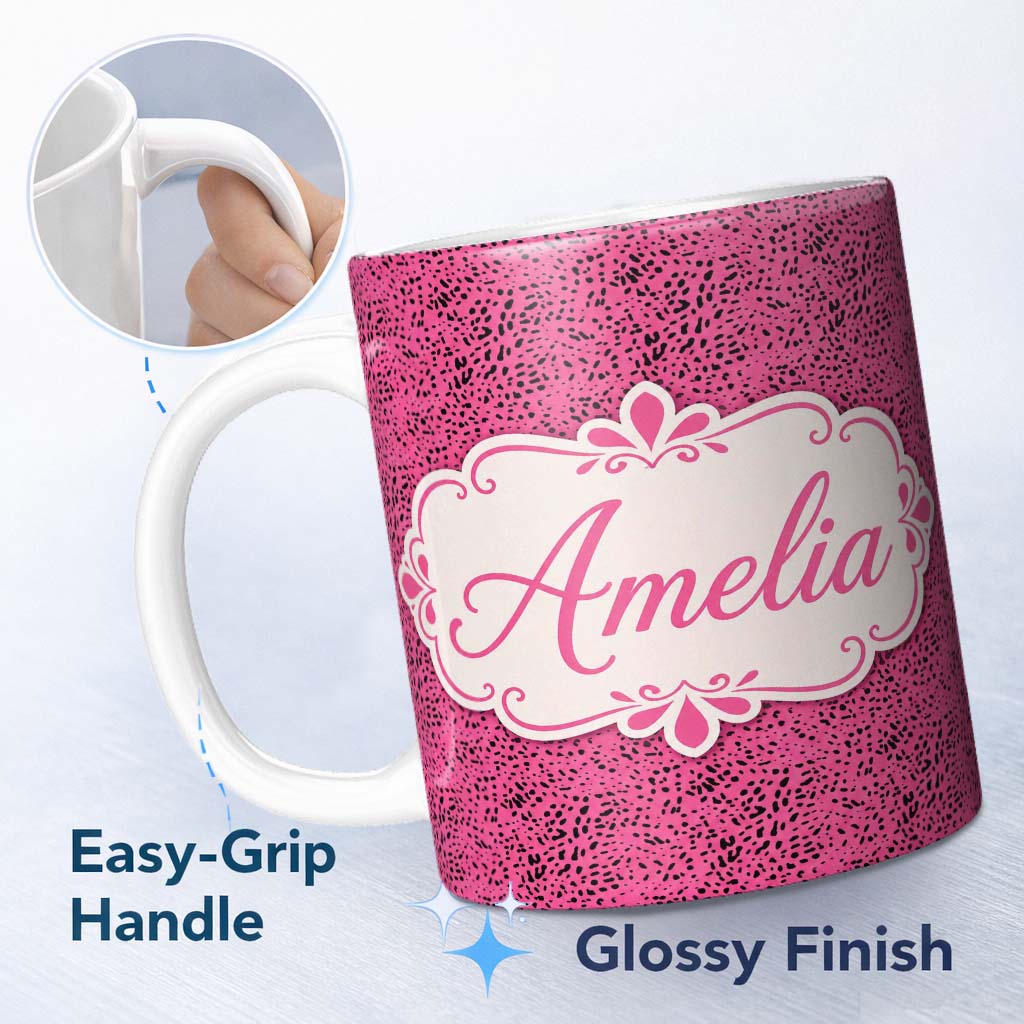Personalized Custom Name Soft Blush Pink Abstract Dotted Texture Seamless Pattern Lovely 11oz Ceramic Coffee Tea Mug White Large Handle