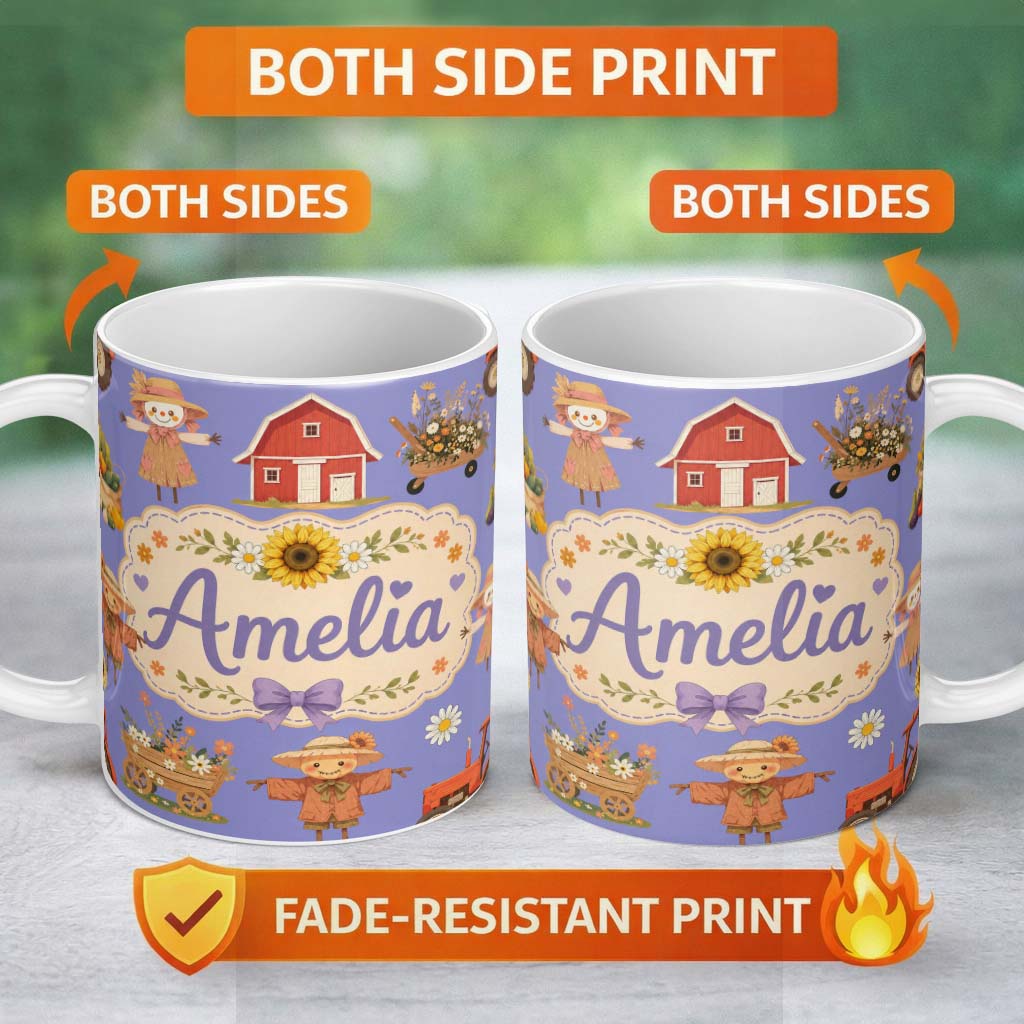 Personalized Custom Name Cute Autumn Scarecrow Barn Flowers Seamless Pattern Purple Lovely 11oz Ceramic Coffee Tea Mug White Large Handle