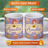 Personalized Custom Name Cute Autumn Scarecrow Barn Flowers Seamless Pattern Purple Lovely 11oz Ceramic Coffee Tea Mug White Large Handle