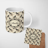 Personalized Custom Name Vintage Raven and Floral Grunge Seamless Pattern in Neutral Tones 11oz Ceramic Coffee Tea Mug White Large Handle
