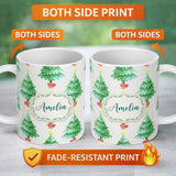 Personalized Custom Name Watercolor Christmas Trees with Lights in Pots Cute Holiday Seamless 11oz Ceramic Coffee Tea Mug White Large Handle