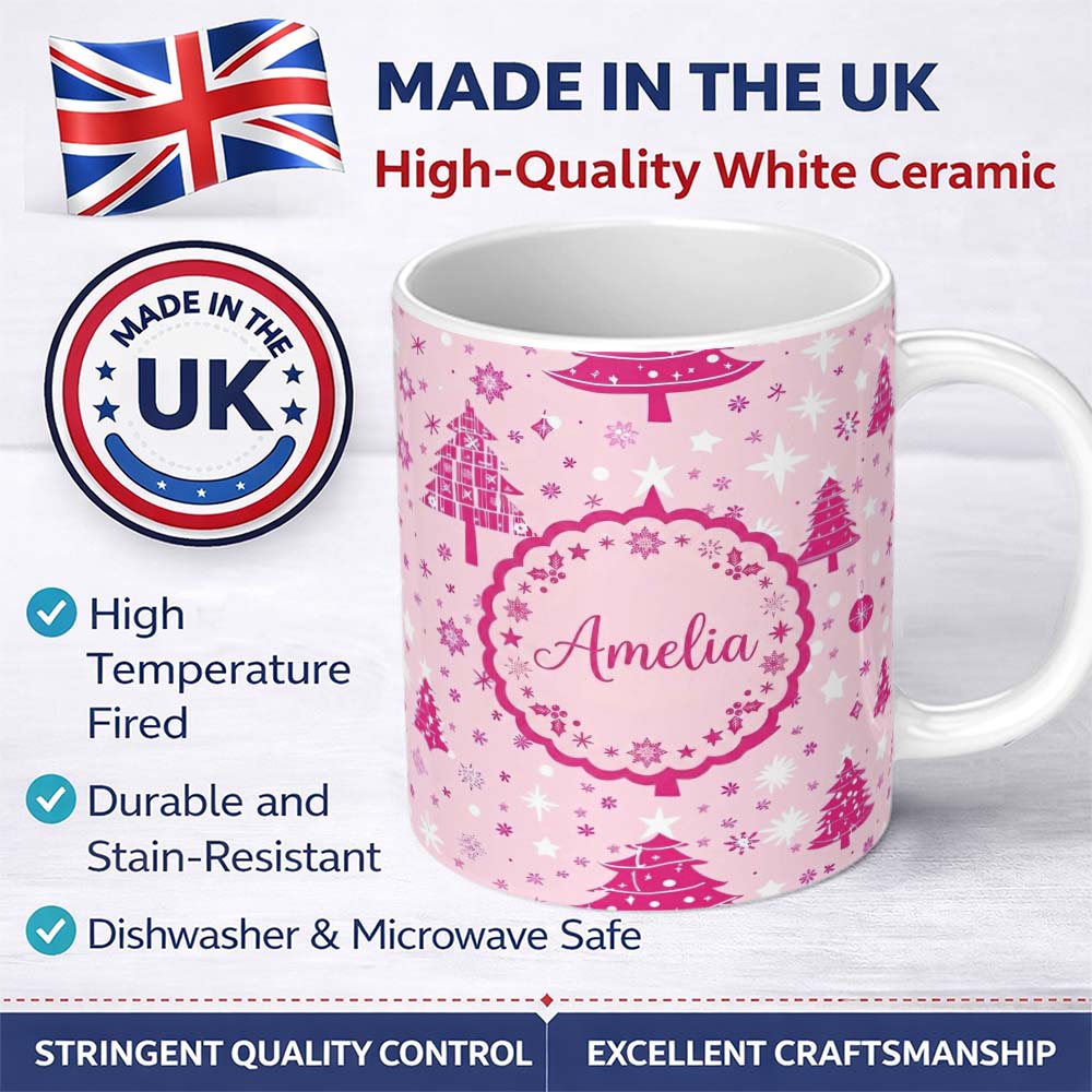 Personalized Custom Name Pink Christmas Tree Snowflake Star Seamless Pattern Cute Unique Gift 11oz Ceramic Coffee Tea Mug White Large Handle