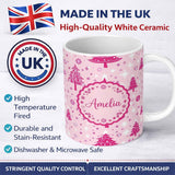 Personalized Custom Name Pink Christmas Tree Snowflake Star Seamless Pattern Cute Unique Gift 11oz Ceramic Coffee Tea Mug White Large Handle