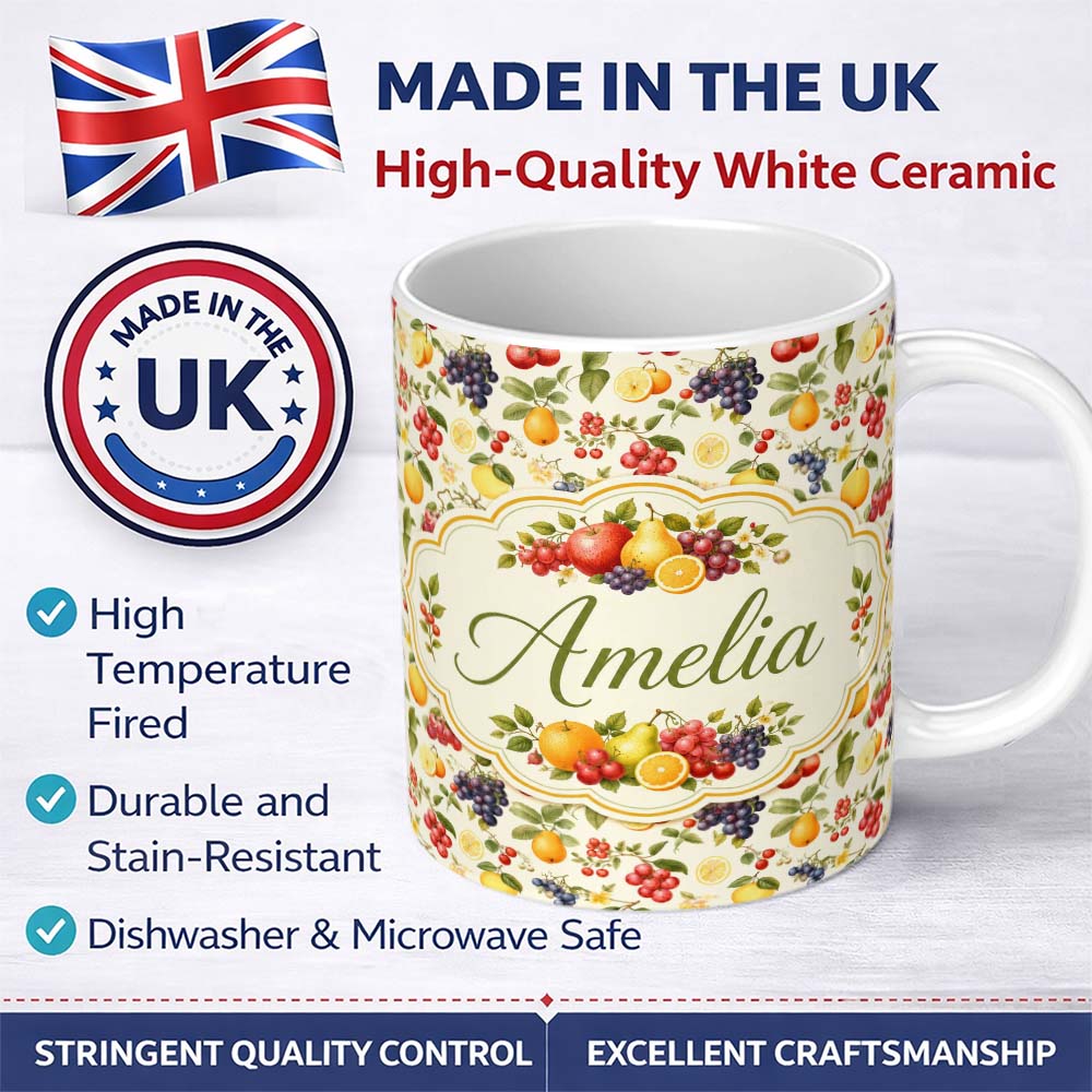 Personalized Custom Name Classic Botanical Berry and Citrus Fruit Seamless Pattern Lovely 11oz Ceramic Coffee Tea Mug White Large Handle