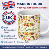 Personalized Custom Name Classic Botanical Berry and Citrus Fruit Seamless Pattern Lovely 11oz Ceramic Coffee Tea Mug White Large Handle
