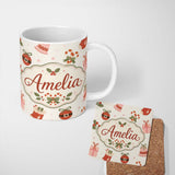 Personalized Custom Name Cute Christmas Stocking Candy Cane Bells Festive Seamless Pattern 11oz Ceramic Coffee Tea Mug White Large Handle