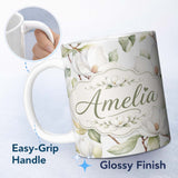 Personalized Custom Name Realistic White Magnolia Bloom and Leaves Seamless Pattern Lovely 11oz Ceramic Coffee Tea Mug White Large Handle