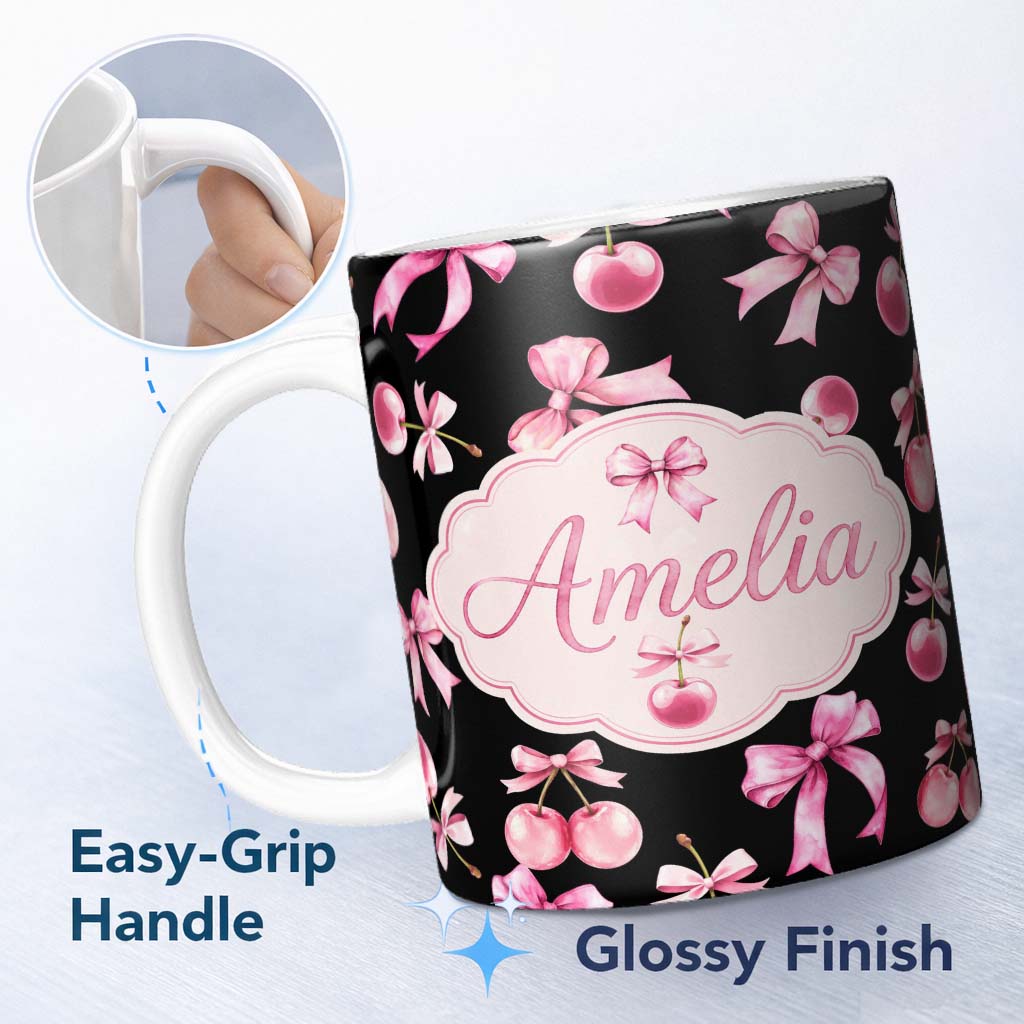 Personalized Custom Name Watercolor Pink Cherry Ribbon Bow Seamless Pattern Light Grey Lovely 11oz Ceramic Coffee Tea Mug White Large Handle