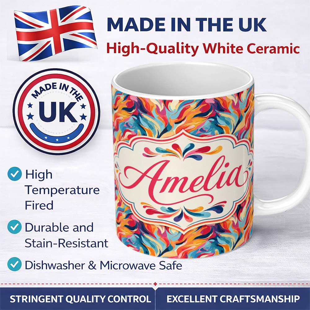 Personalized Custom Name Vibrant Abstract Fluid Paint Pattern Colorful Artistic Seamless 11oz Ceramic Coffee Tea Mug White Large Handle
