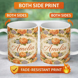 Personalized Custom Name Orange and Blue Hydrangea Vintage Floral Seamless Pattern Lovely 11oz Ceramic Coffee Tea Mug White Large Handle