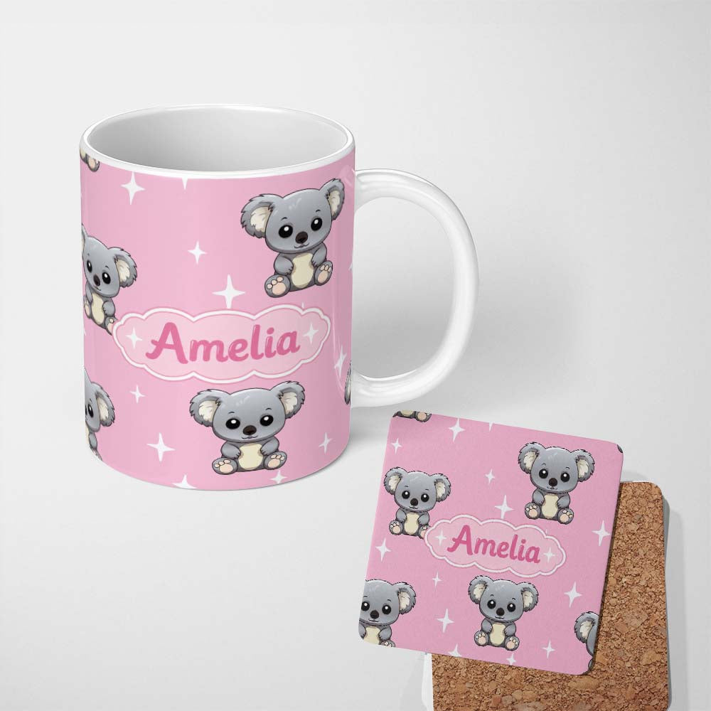 Personalized Custom Name Cute Cartoon Koala Bears with White Stars on Rose Pink Background 11oz Ceramic Coffee Tea Mug White Large Handle