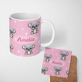 Personalized Custom Name Cute Cartoon Koala Bears with White Stars on Rose Pink Background 11oz Ceramic Coffee Tea Mug White Large Handle