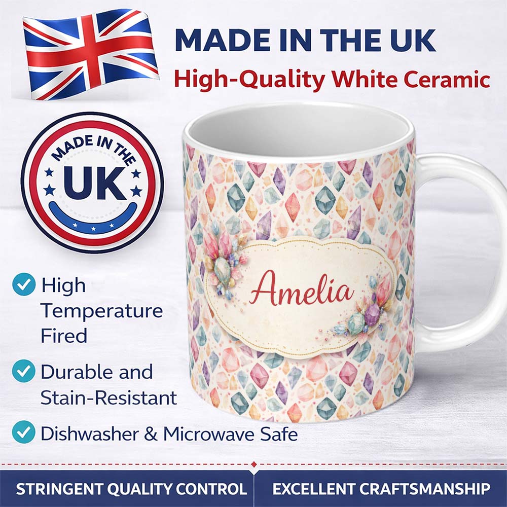 Personalized Custom Name Multicolor Pastel Crystal Seamless Pattern Soft Background Abstract 11oz Ceramic Coffee Tea Mug White Large Handle