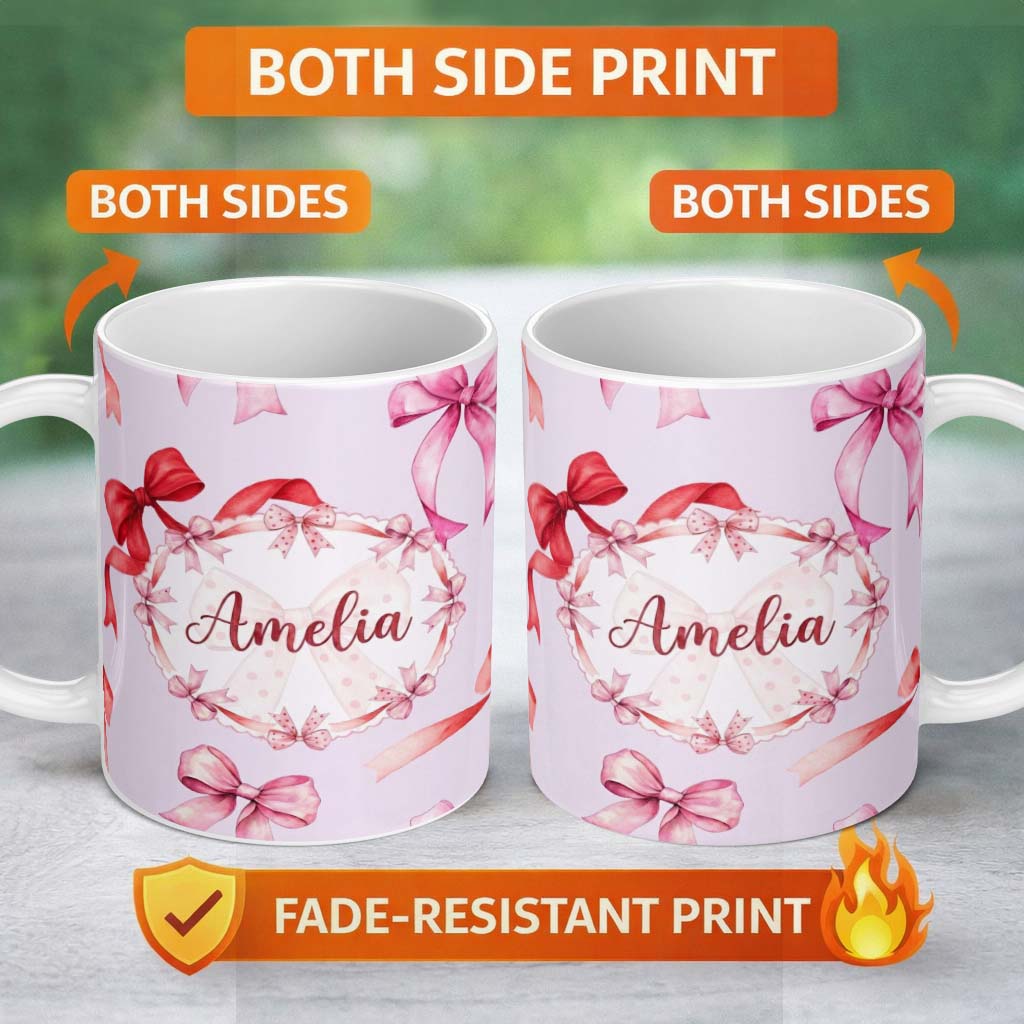 Personalized Custom Name Watercolor Red Pink Ribbon Bows Soft Lilac Background Cute Girly 11oz Ceramic Coffee Tea Mug White Large Handle