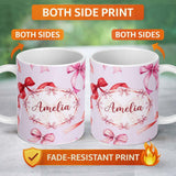 Personalized Custom Name Watercolor Red Pink Ribbon Bows Soft Lilac Background Cute Girly 11oz Ceramic Coffee Tea Mug White Large Handle
