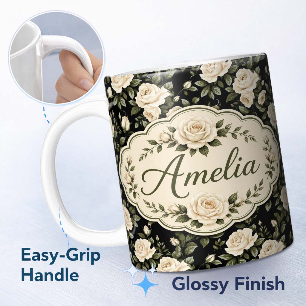 Personalized Custom Name Classic White Rose Floral Pattern on Black Background Seamless 11oz Ceramic Coffee Tea Mug White Large Handle
